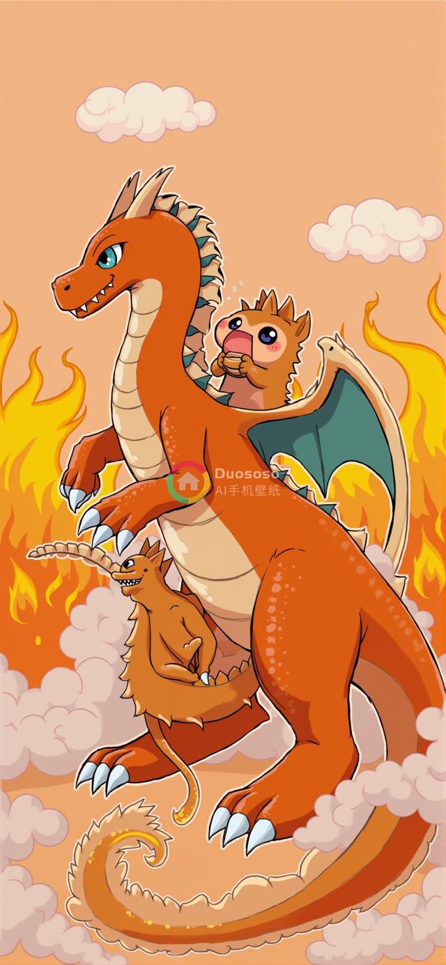 橙色背景下的卡通三龙欢聚图鉴