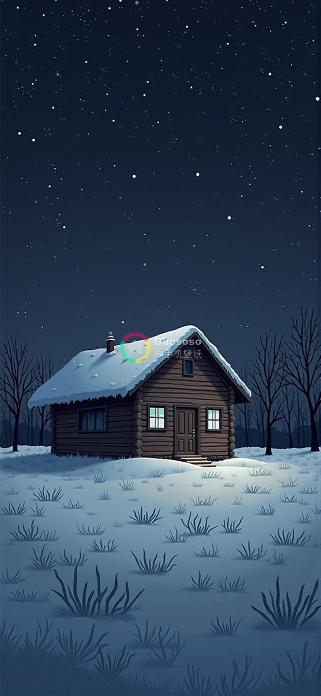 雪夜繁星下的温暖小木屋：宁静冬景画