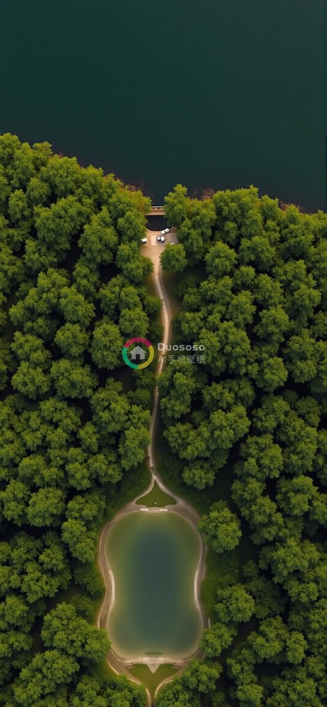 空中俯瞰绿林环抱幽静湖泊的独特景致摄影