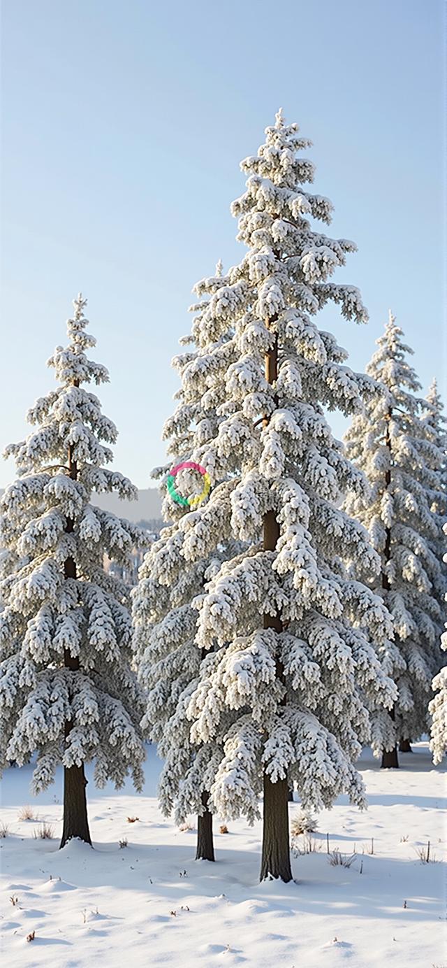 宁静冬日风光：雪覆盖松树映蓝空