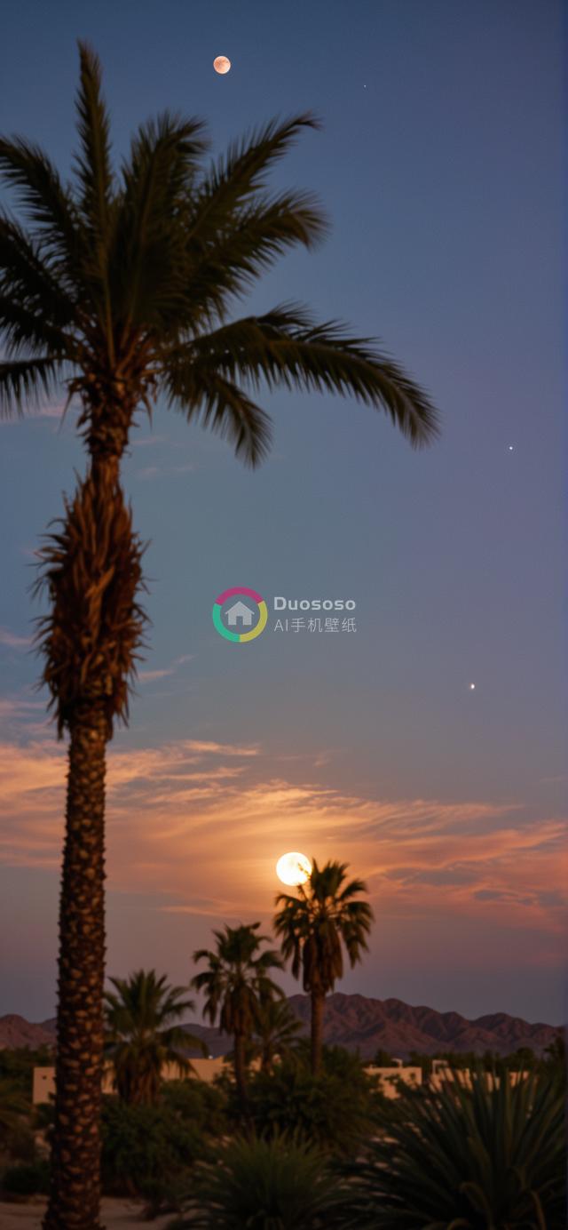 低角度捕捉沙漠落日满月升空奇景：山脉远眺，棕榈剪影映衬渐变天幕