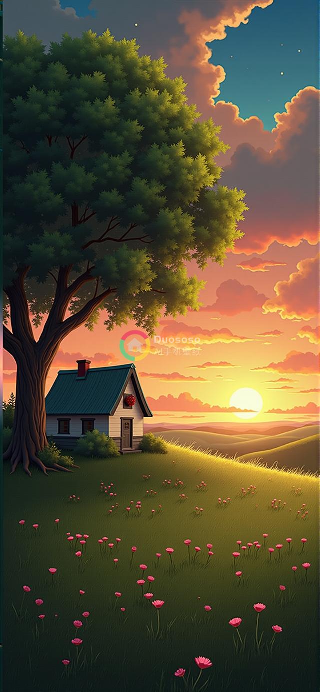 日落山巅下大树旁迷人小屋的绝美渲染画面