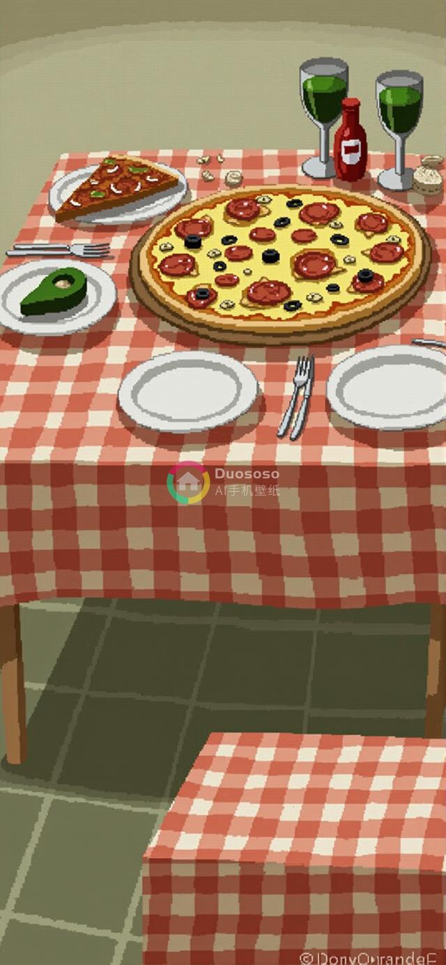 像素艺术晚餐：胡椒味披萨盛宴的温馨渲染画