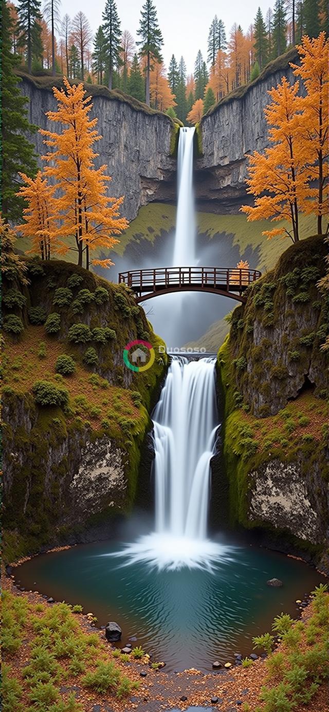 宽阔视角下壮丽瀑布与秋色森林的绝美风光