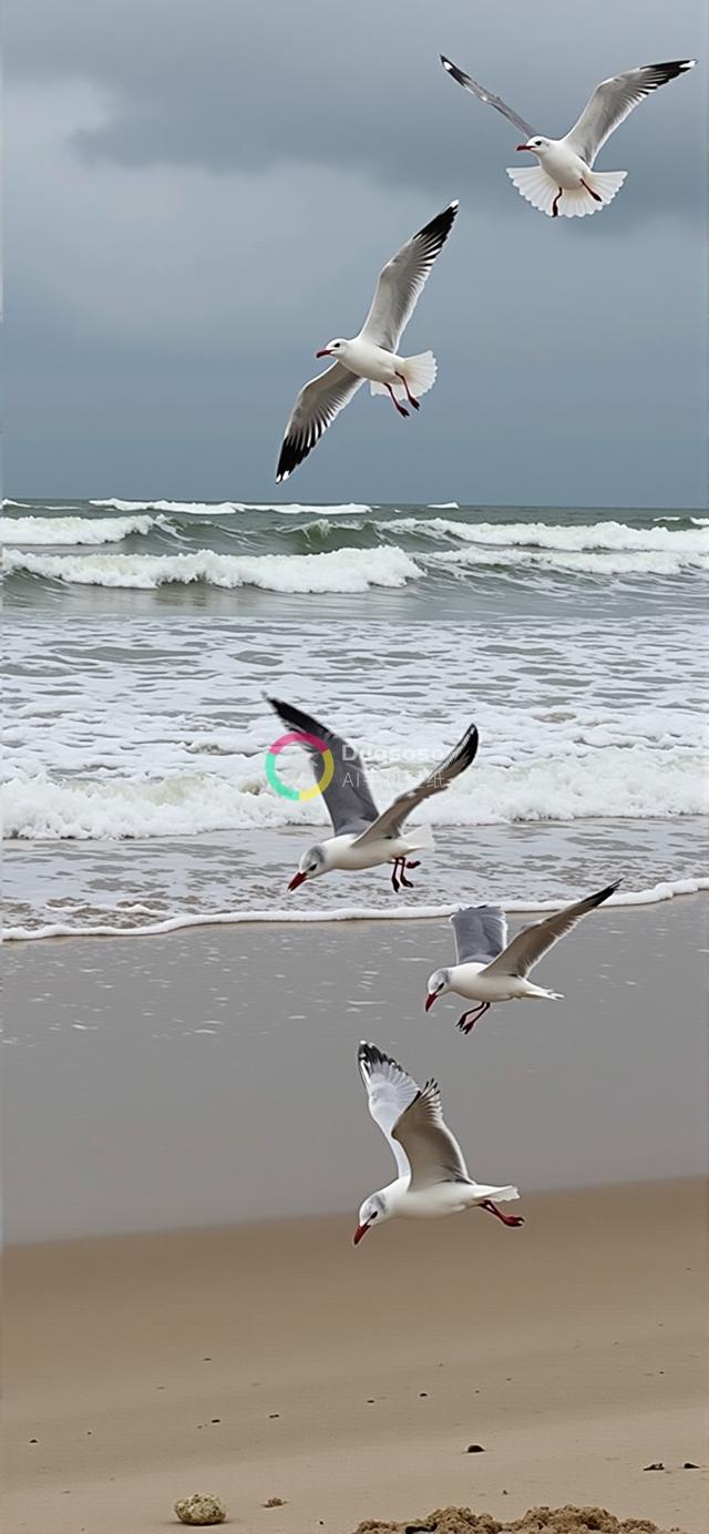 海滩之上五海鸥翱翔：自然主义色调下的宁静画卷
