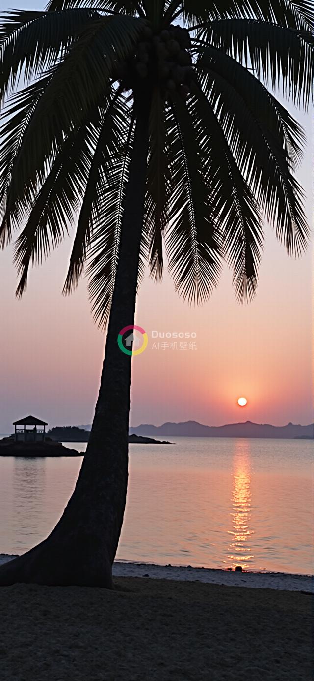 热带海滩日落美景：椰树剪影映衬粉橙晚霞