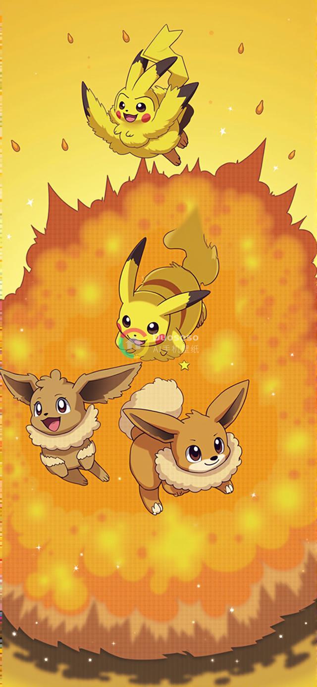 活力四射的宝可梦艺术图：飞行动态皮卡丘与爆炸效果伊布