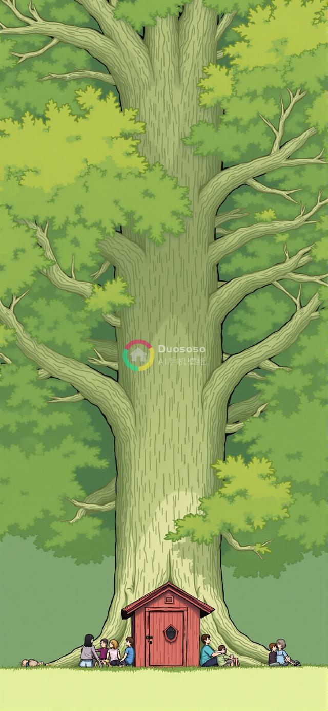 童话风巨橡树与童趣小屋卡通插画：唤起童年与自然魔法的怀旧场景