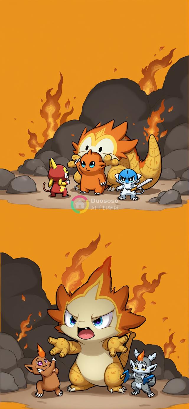 卡通火山怪物遇险：巨龙表情变幻与小火怪同行