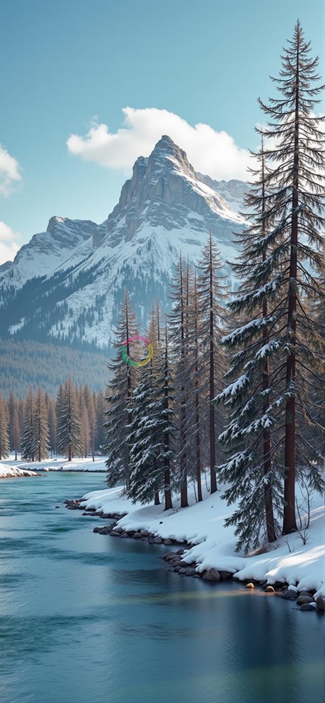 冬曰雪景中碧波宁静的高山河流摄影