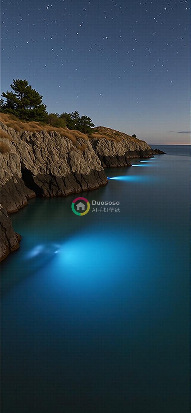 夜空星光下 生物发光浮游生物映照的岩岸神秘蓝光摄影