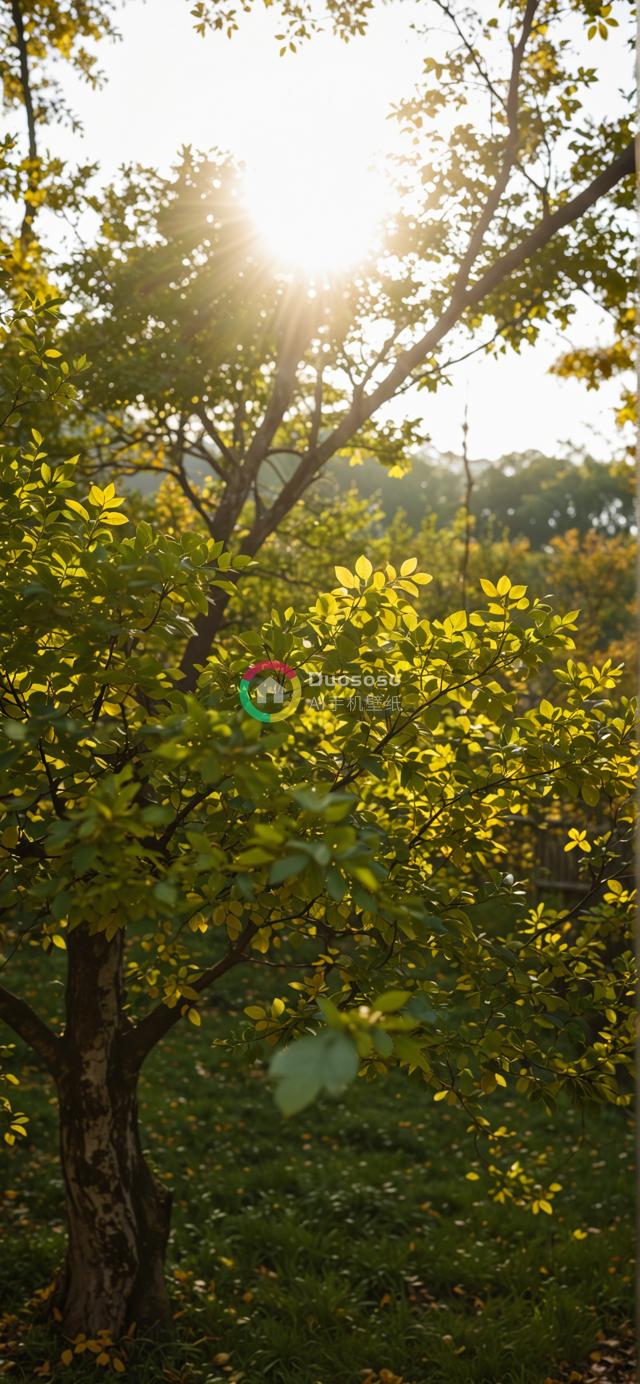 落日余晖下的树木剪影：星芒梦幻秋意渐浓