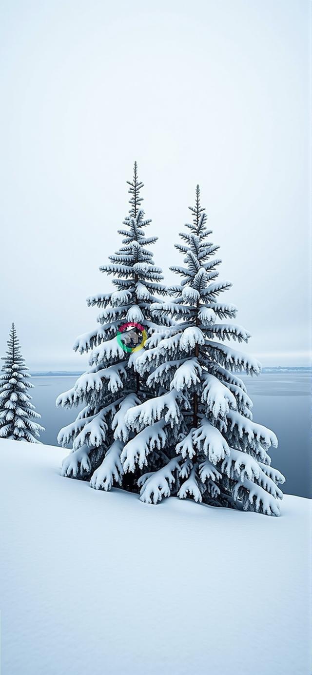 冬日宁静：雪覆盖的松树与冰湖构成的平和景观