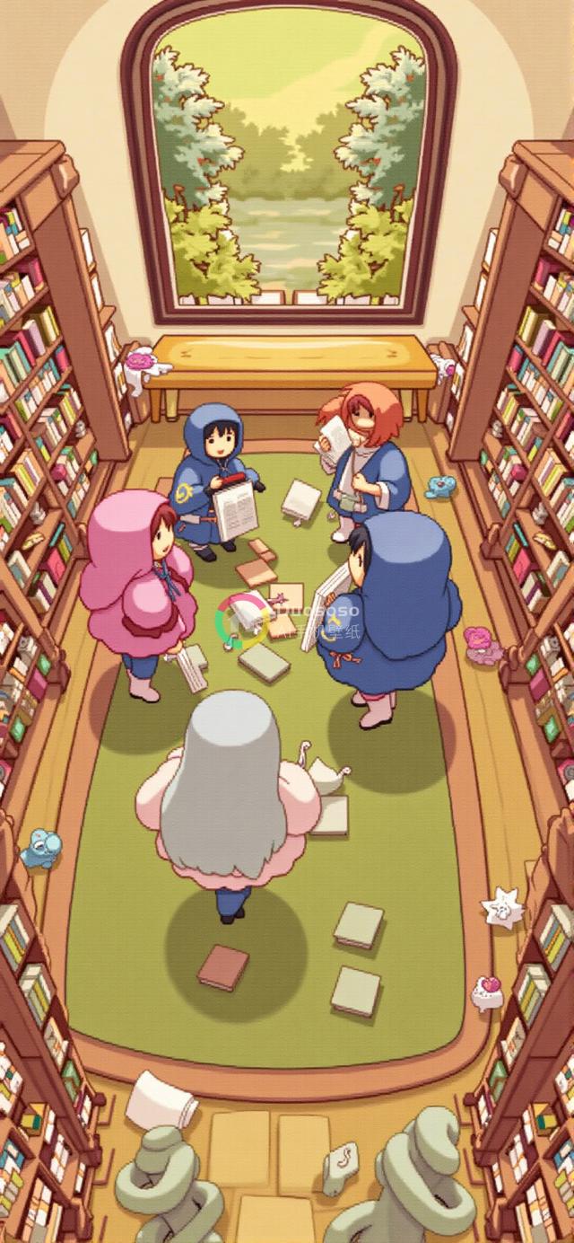 五个梦幻角色图书馆阅读情景：温馨卡通风格画面展现学术追求