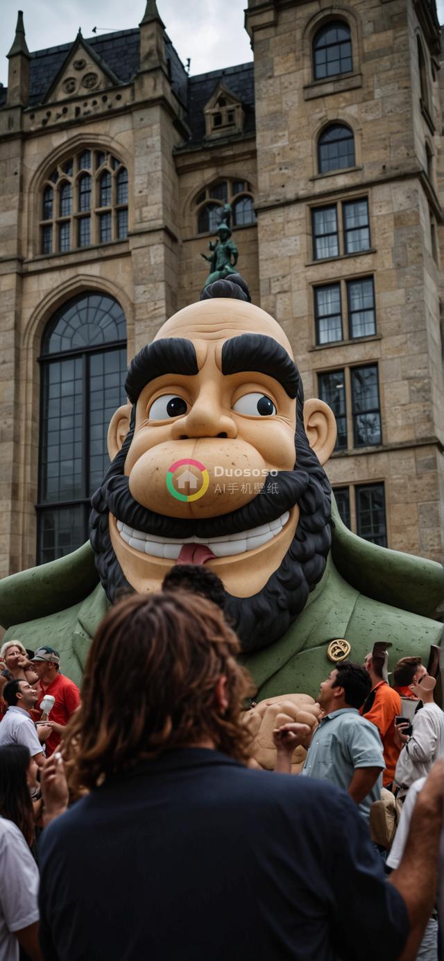 巨型气模人像前历史建筑下的多元欢乐人群盛况