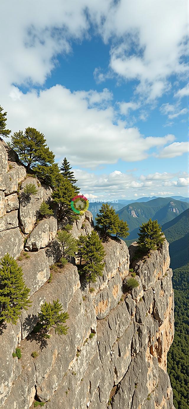 垂直岩壁上的常绿树点缀壮丽峡谷，展现大自然坚韧与广阔风光摄影