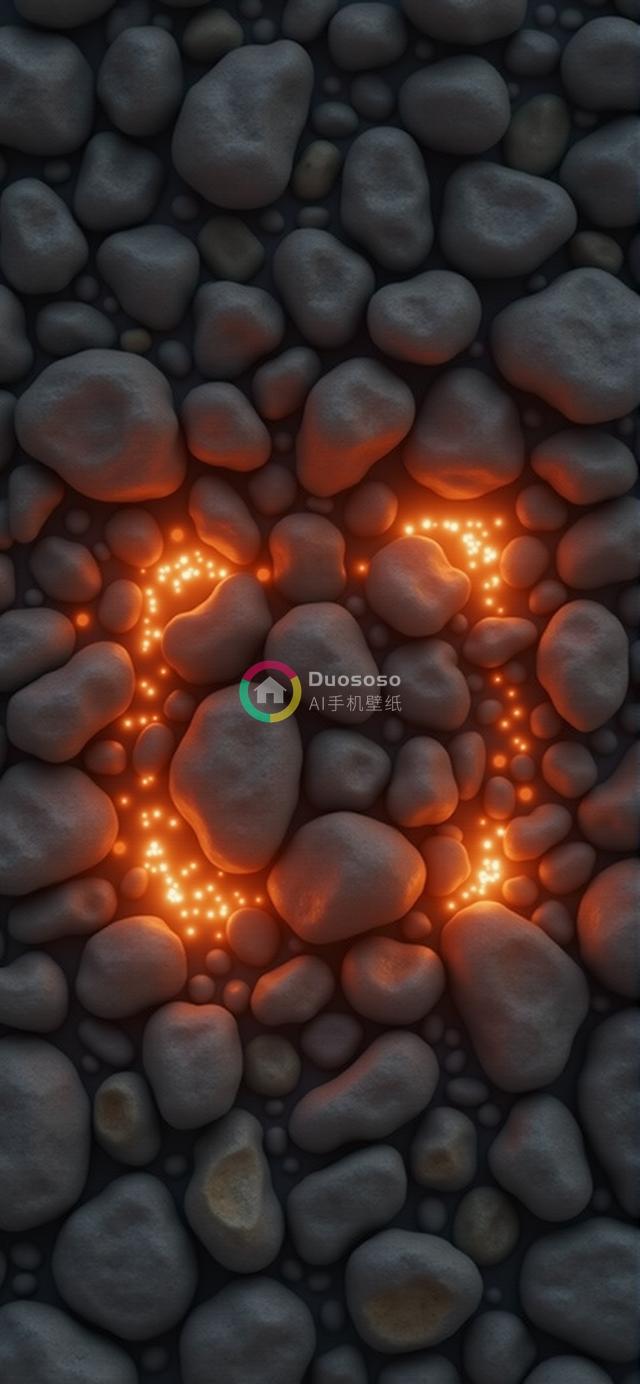 神秘岩堆构成的发光字母W：三维计算机图形幻想风格