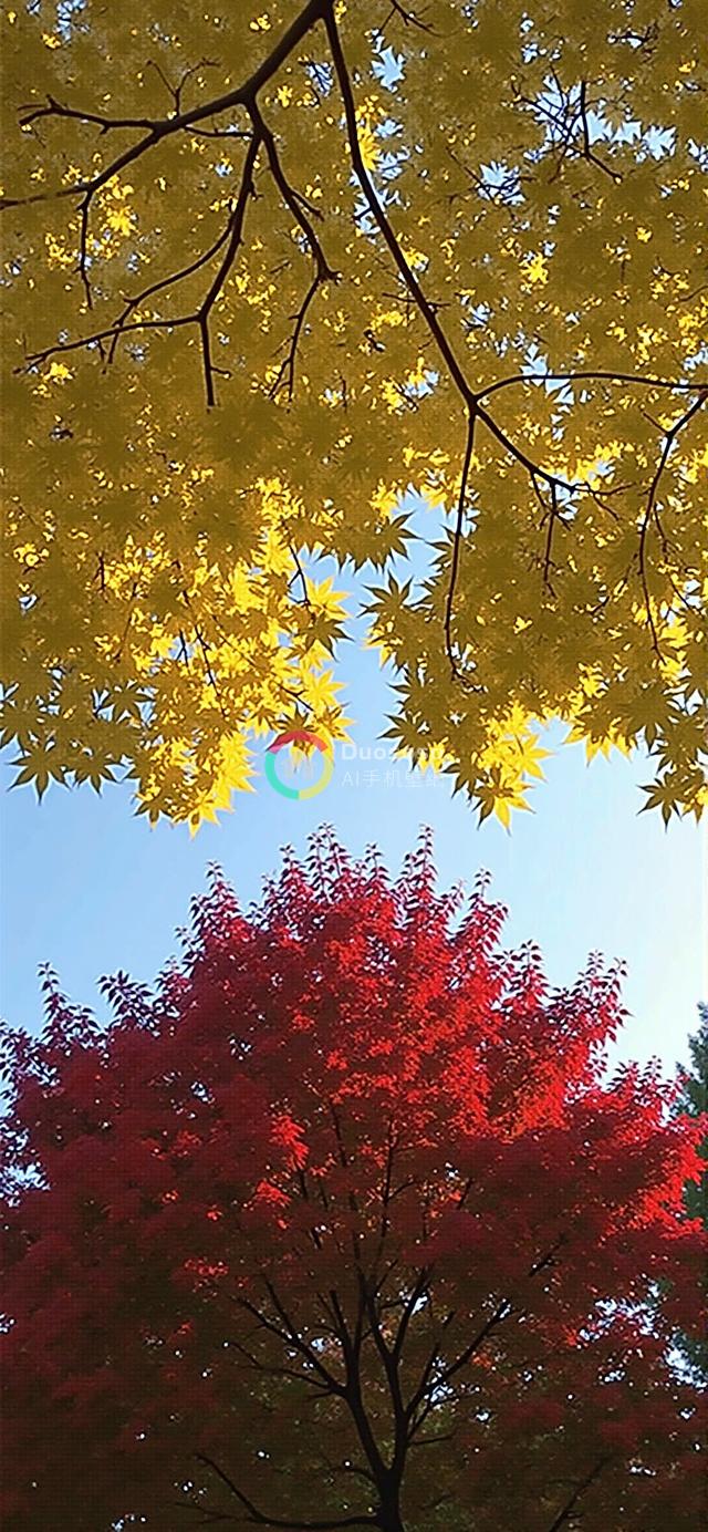 秋日蓝天下的生机盎然：黄叶红枝交织的温暖光影