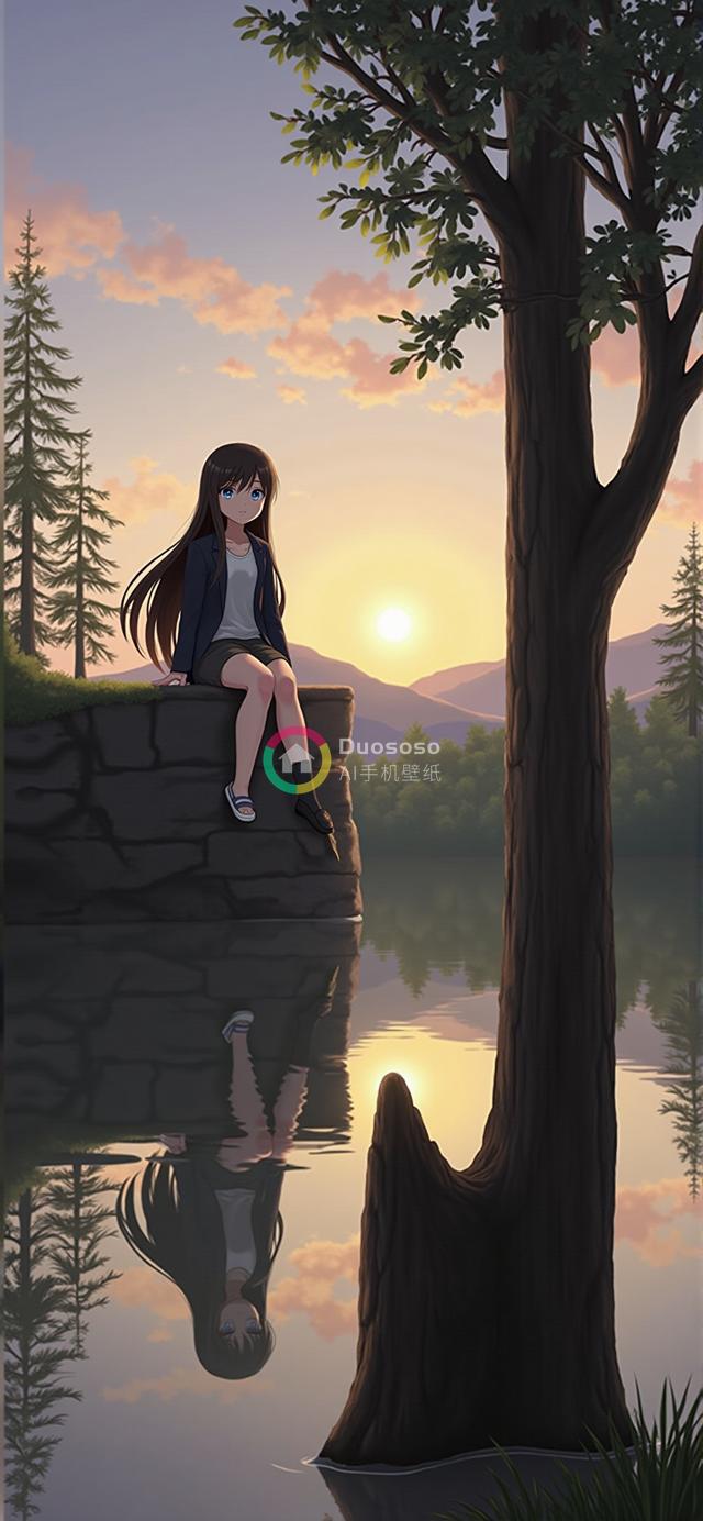 湖畔日落动漫女孩岩石静坐温馨渲染画面