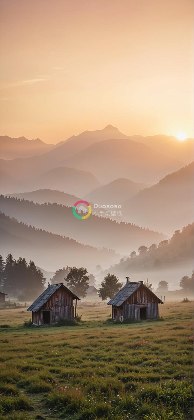 晨曦照耀下的迷雾山谷与沧桑小屋风光