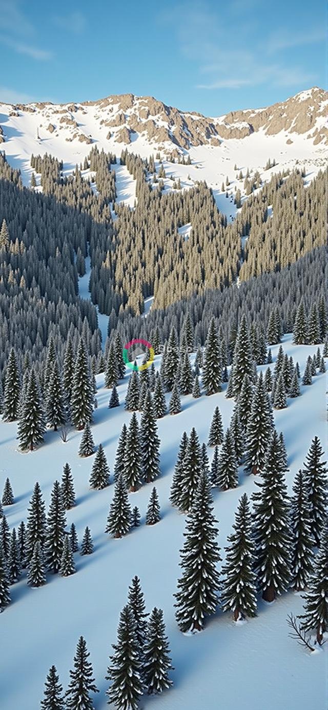 俯瞰雪覆盖的松林山谷：宁静冬日景观映画