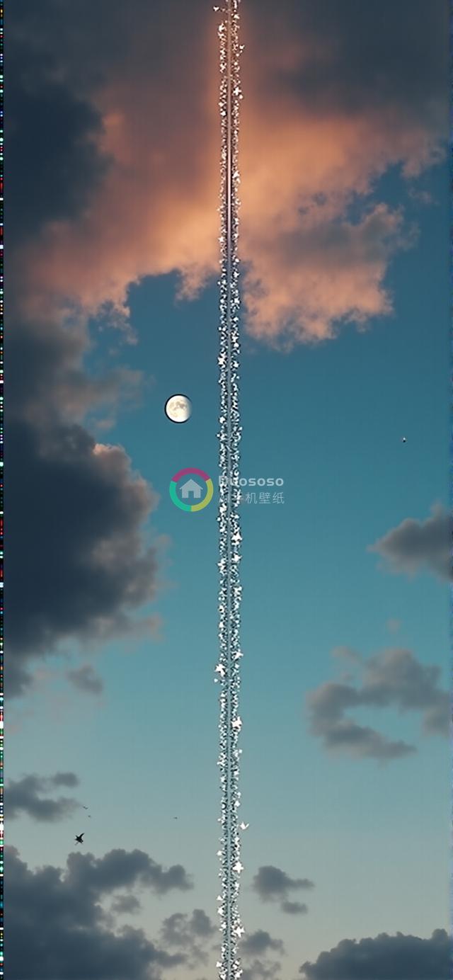 暮色天空下的飞机尾迹：星光闪耀贯穿中央，满月侧伴复古色调的宁静浩瀚