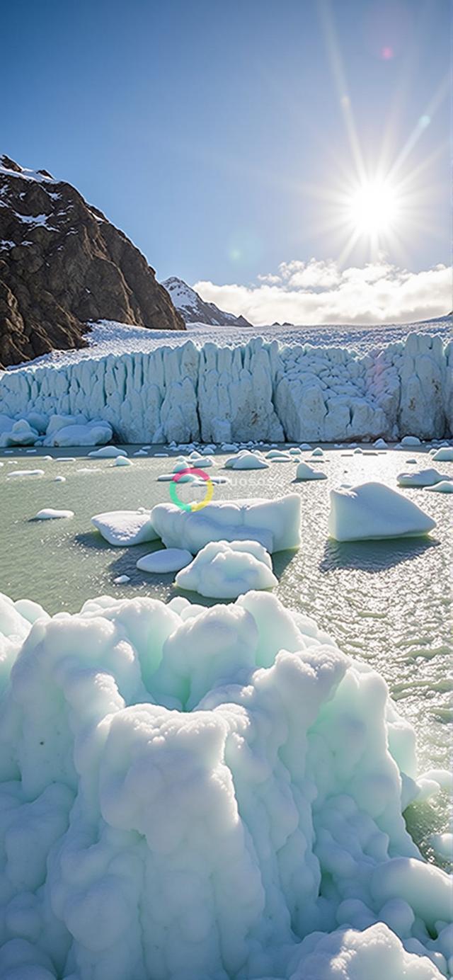 冰川汇入湖水的壮丽照片：冰山漂浮在碧蓝湖面上，远山雪景映衬晴空