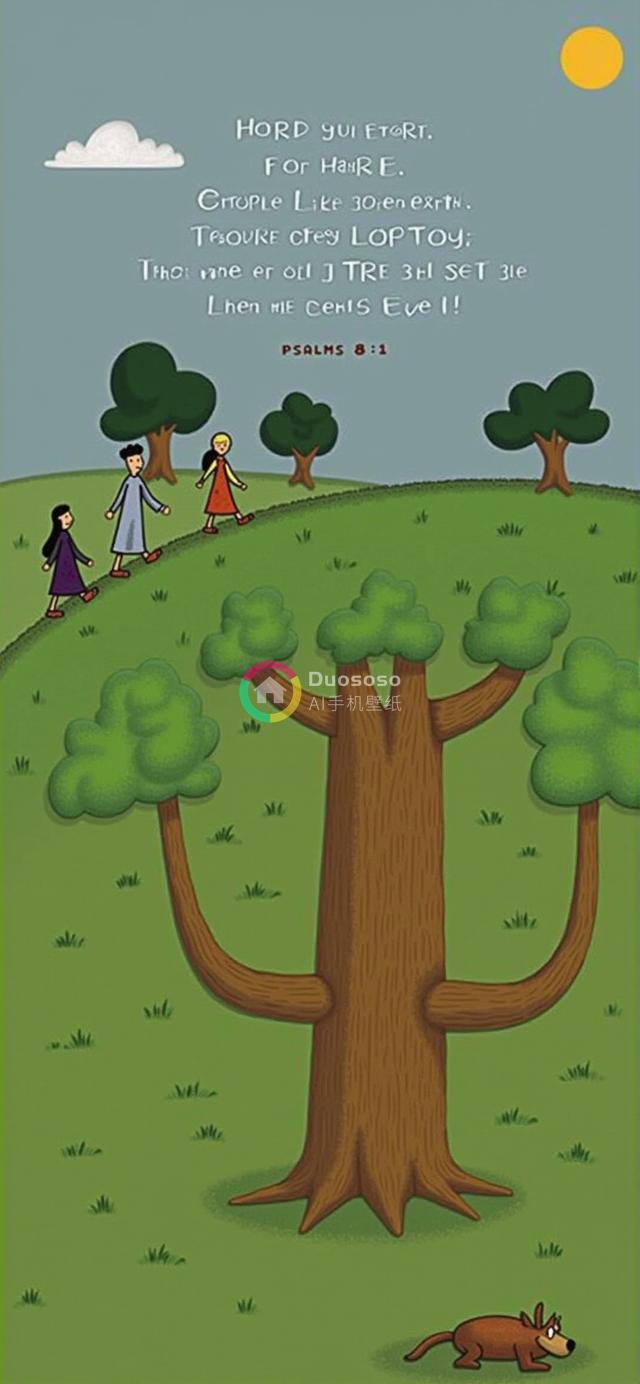 卡通风格宗教寓意山水画：一家三口与宠物狗漫步在山坡云端