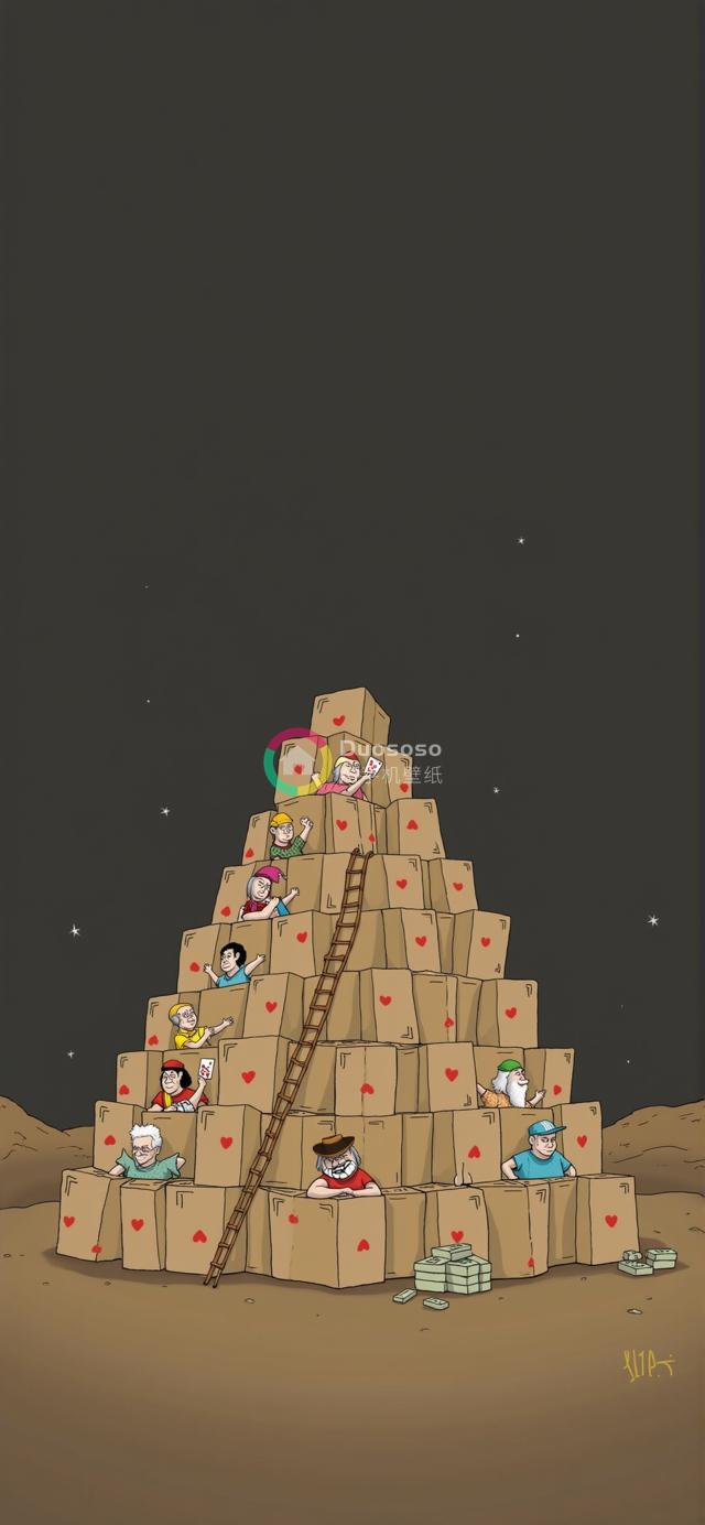 夜空之下多元人群卡通插画：爱心纸箱金字塔的趣味休闲时光