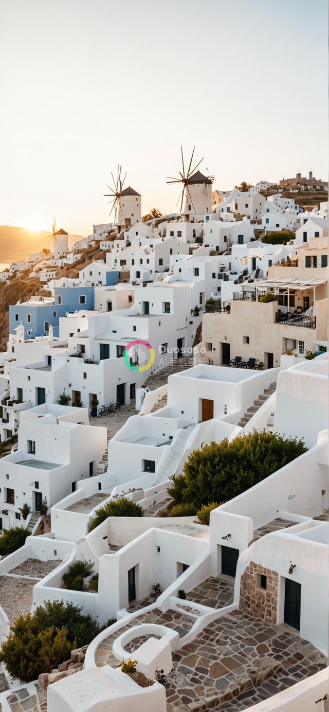 “希腊风情：晨昏光影中的白墙蓝顶与石径风情”