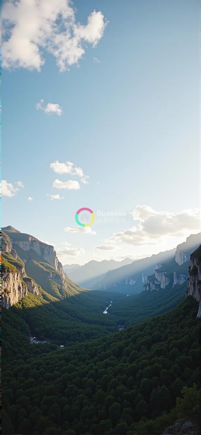 高视角俯瞰翠绿山谷与巍峨山峦的壮丽全景摄影