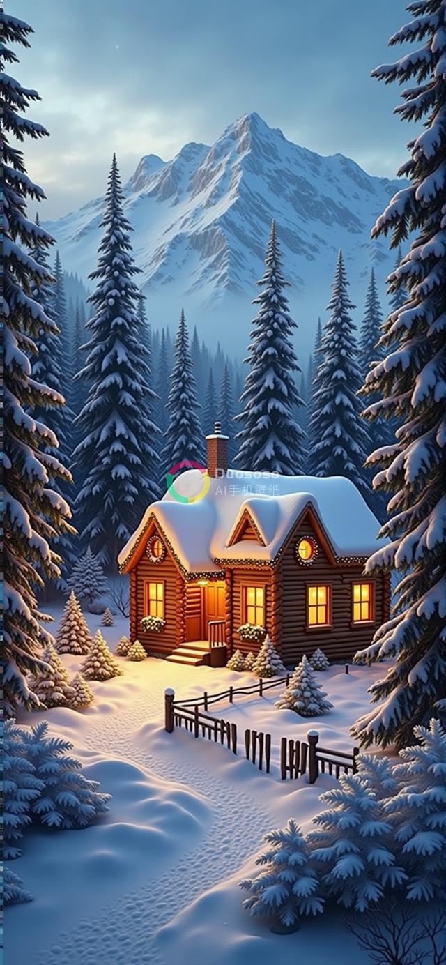 雪林中温馨木屋的迷人渲染画面：暮色山峦下的温暖之光