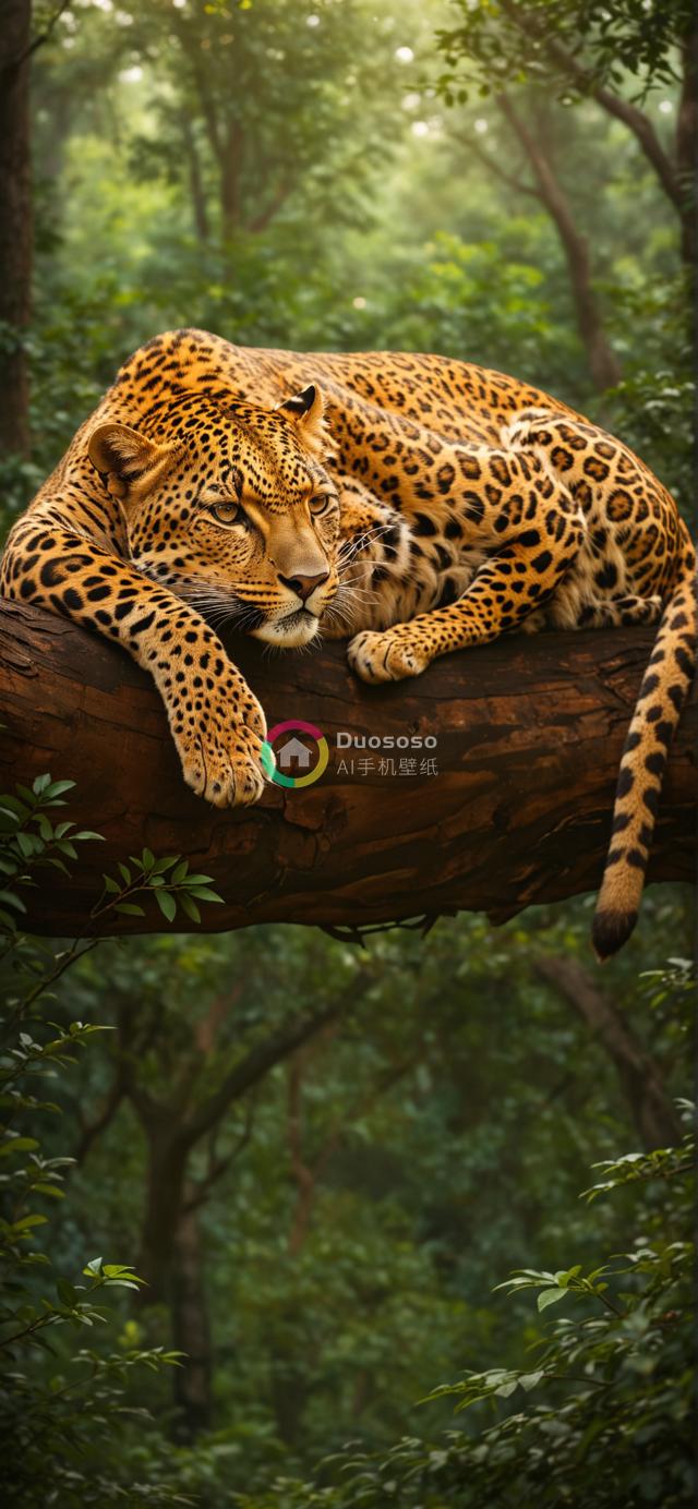 绿意盎然森林中，豹影憩枝端的细腻写照