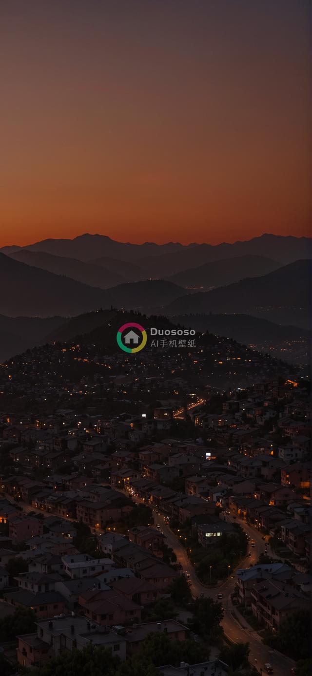 黄昏山脚小镇风光：高空俯瞰人造光与自然美景交融