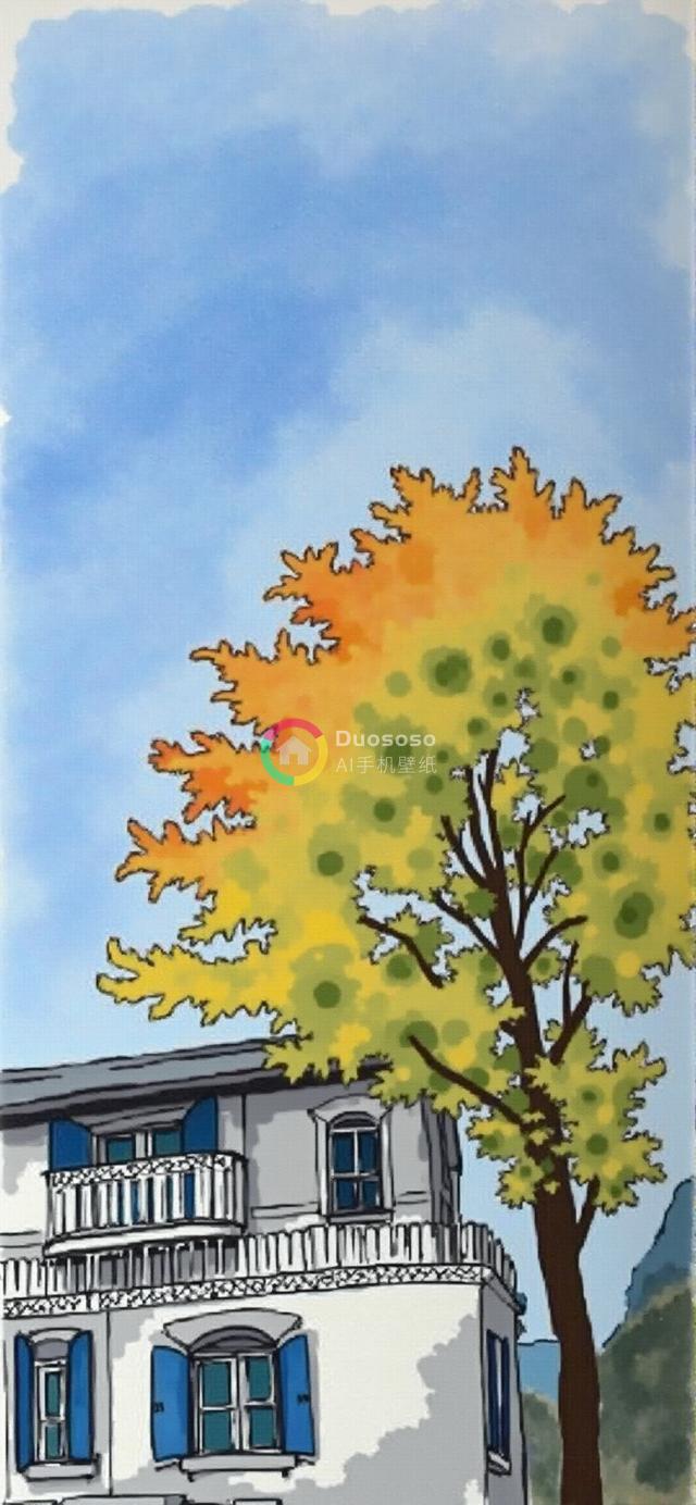 晴日蓝百叶白屋插画：绿黄橙叶树木映衬清爽线条艺术