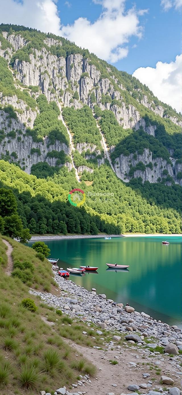 晴日下宁静山湖与斑斓色彩小船的绝美照片