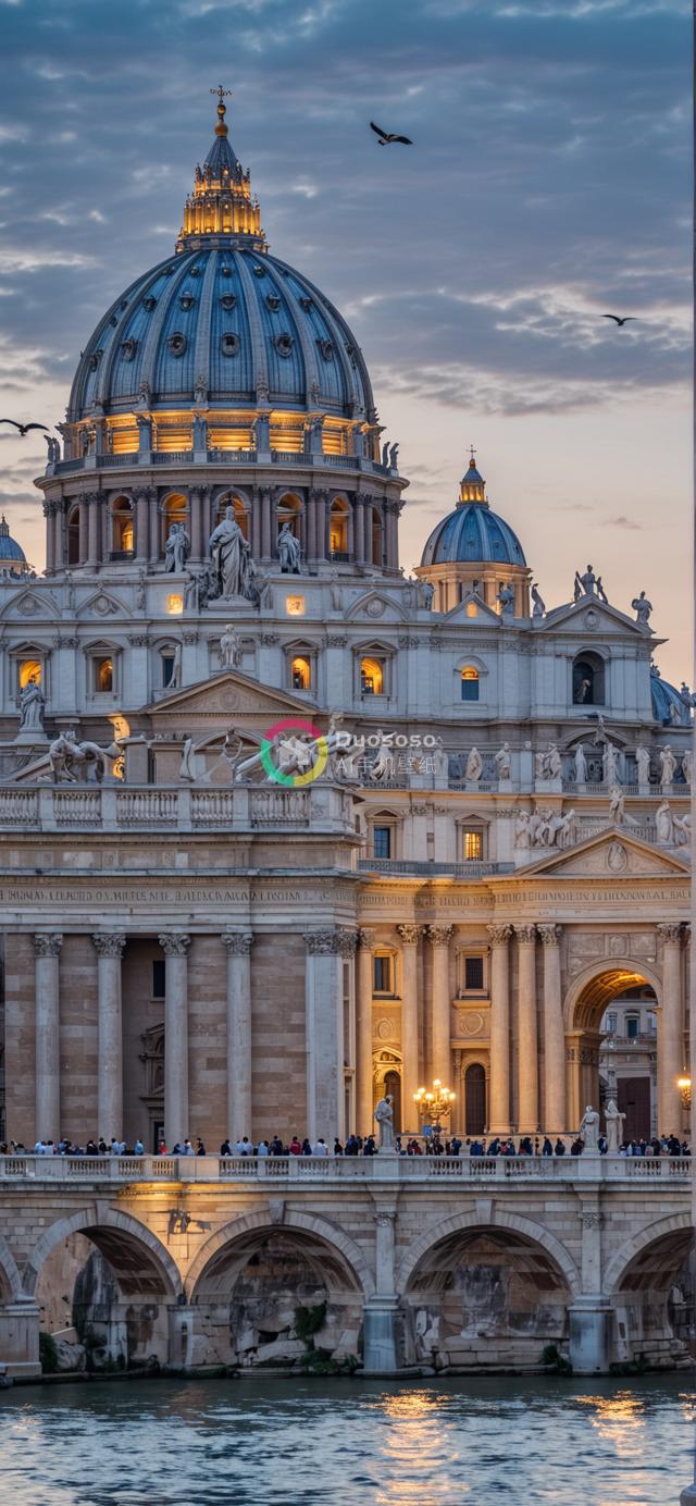 夜幕下梵蒂冈圣彼得大教堂璀璨光影摄影