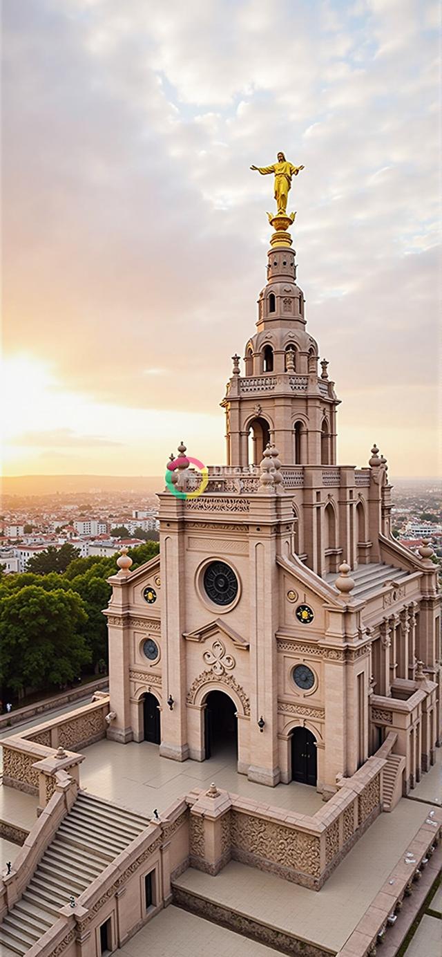 金色余晖下的华丽沙色山顶教堂摄影