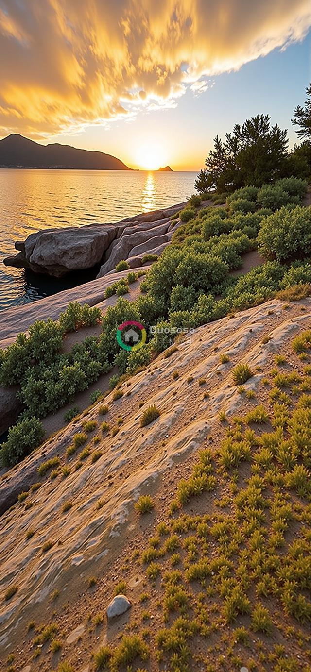 落日余晖下的岩岸景象：温暖金光映照宁静海景