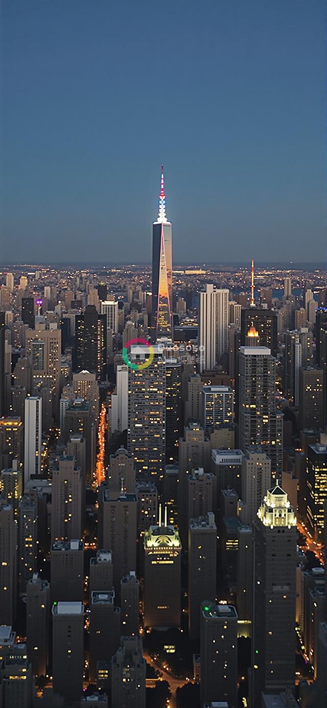 夜幕降临前高空俯瞰纽约曼哈顿城市天际线照