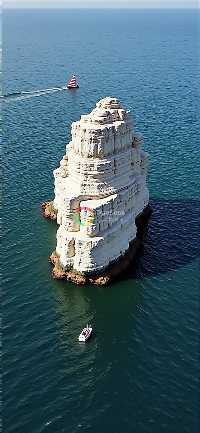 雄伟白岩映衬宁静蓝海：空中视角下的自然雕塑奇观