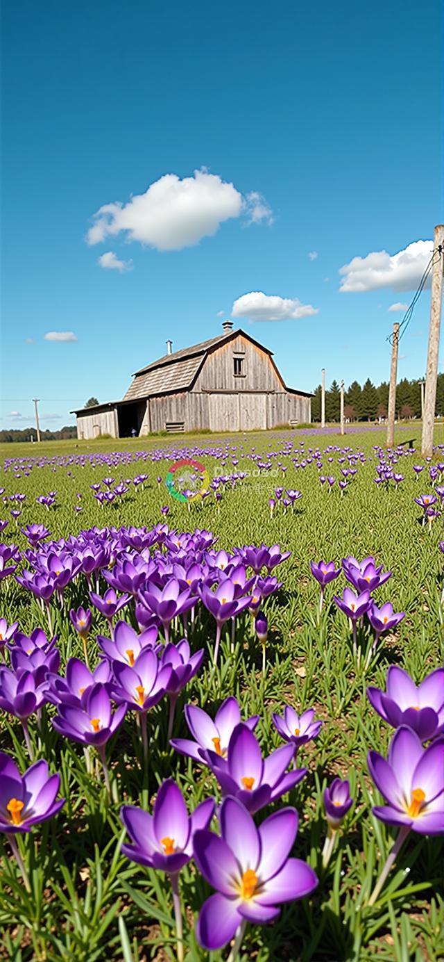 春日田野：紫色藏红花海中的沧桑木屋映蓝云