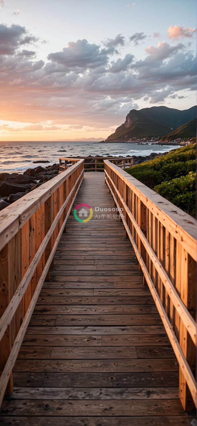 落日余晖下的木栈道海岸摄影，彰显宁静与和谐
