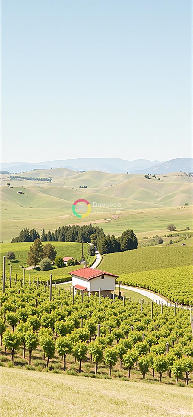 绿谷葡萄园风光：小白红顶农舍与翠绿葡萄藤交织的宁静乡愁