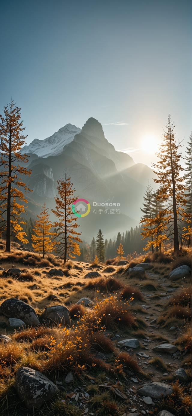 落日余晖下的壮丽雪峰与秋色山径摄影