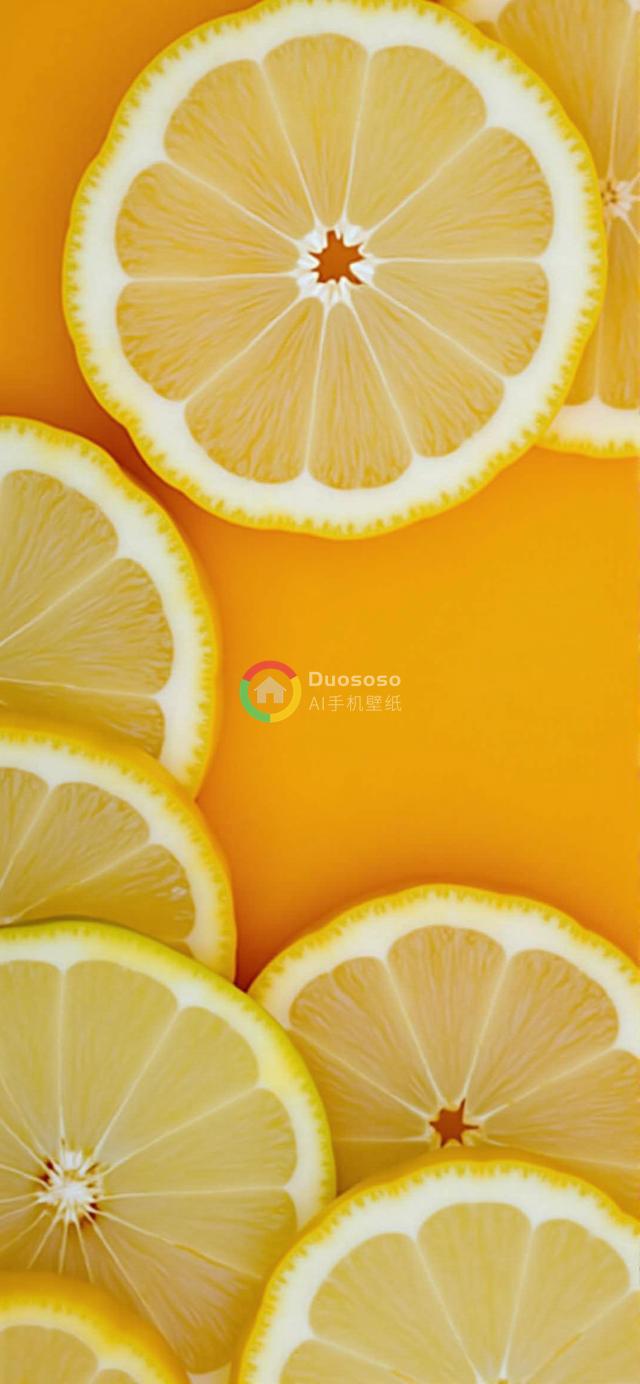 鲜黄柠檬片活力橙背景下的均衡构图美食摄影