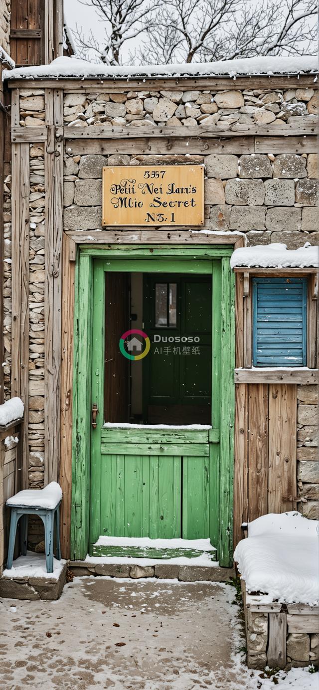 雪中石墙绿门旧木摄影：法式神秘韵味