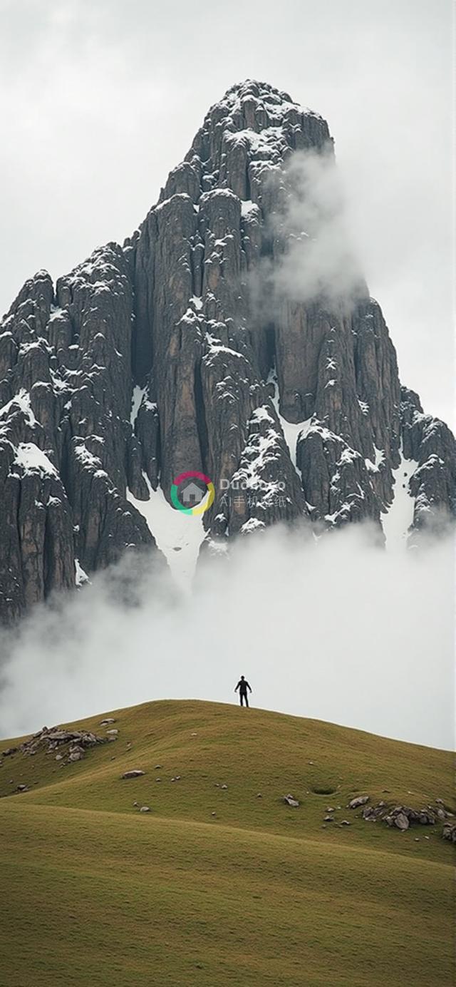 孤独身影与壮丽山峰的震撼对比：敬畏与宁静并存