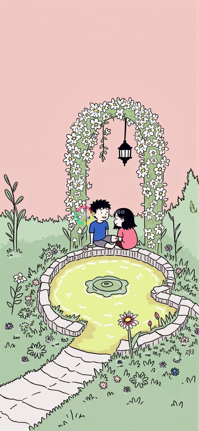 童趣花园场景插画：快乐孩童在花拱石塘边玩耍