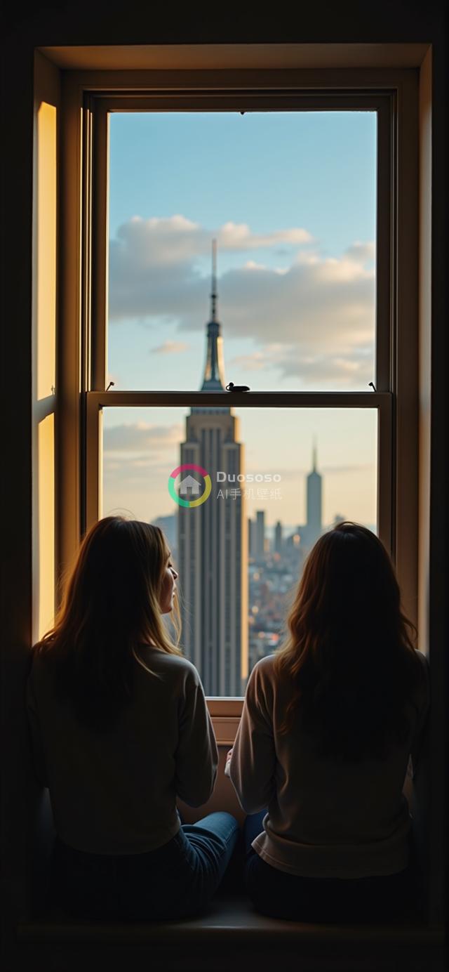 夜幕降临 Empire State 前的两女性剪影，沉浸在对纽约天际线的凝望与思索